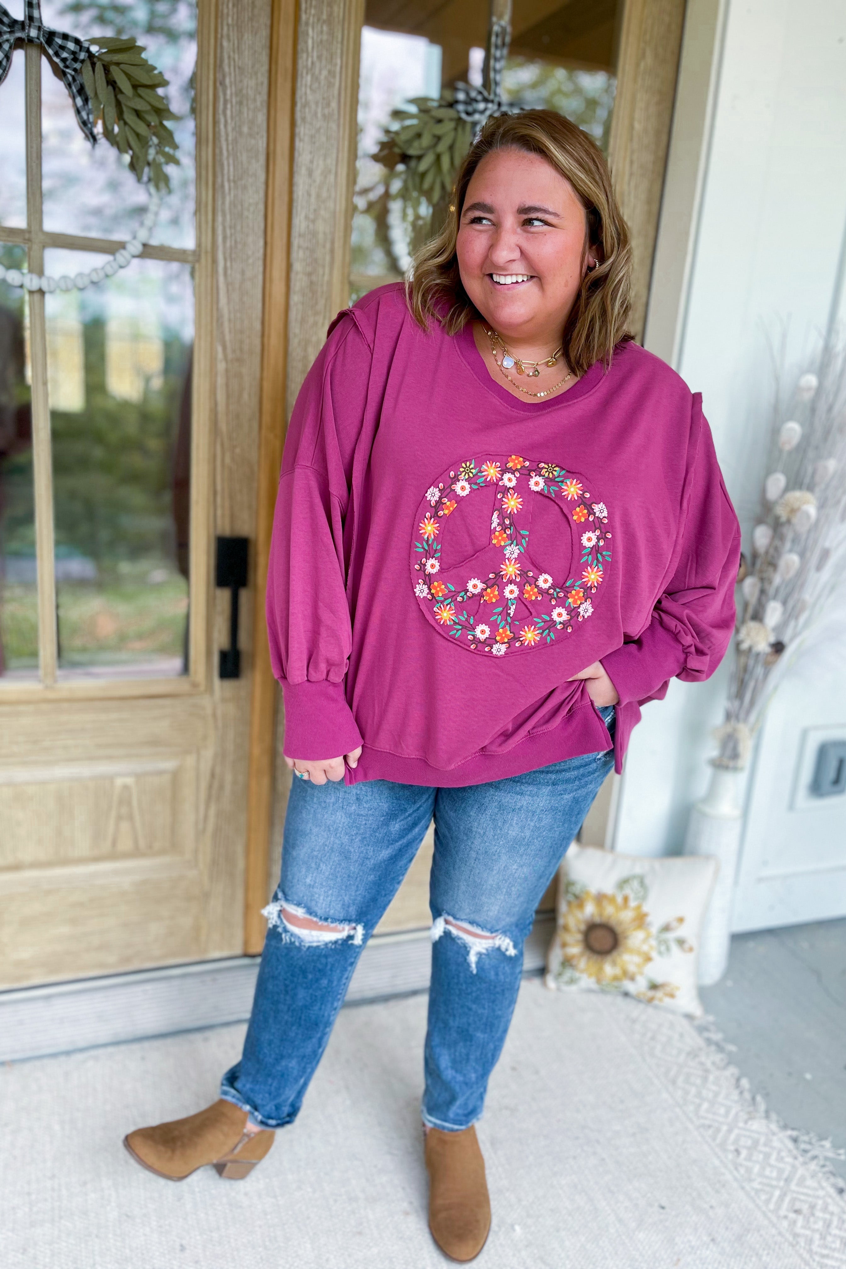 Brannon Peach Patch Long Sleeve Terry Knit Top - Be You Boutique