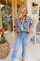 Navy Floral Print Puff Sleeve Ric Rac Trim Top - Be You Boutique