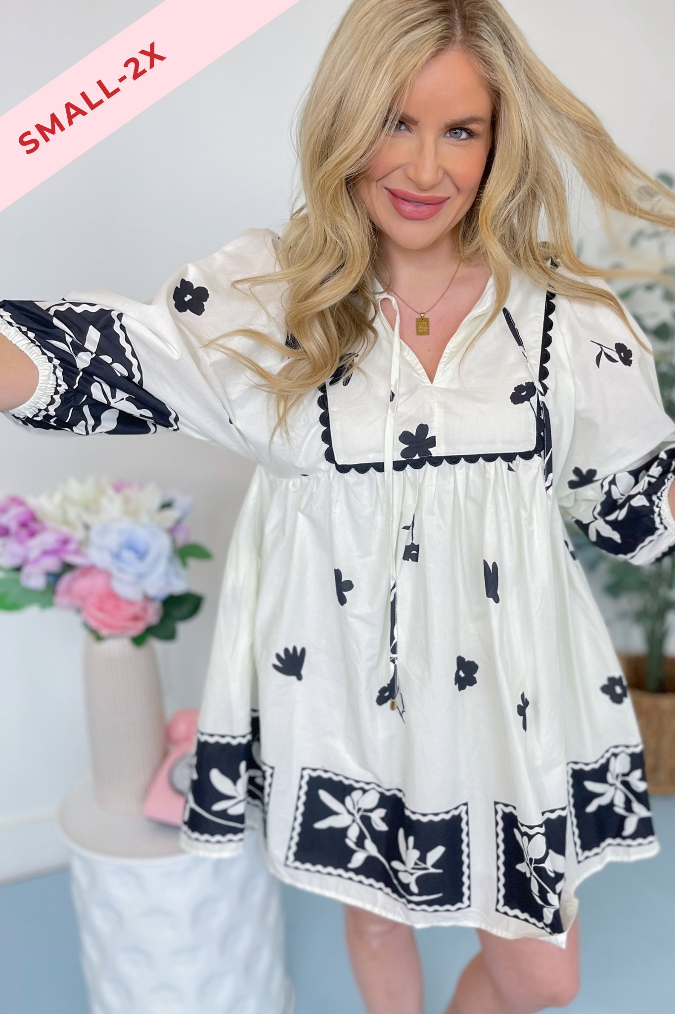 Lyla Floral Stenciled Scalloped Dress - Be You Boutique