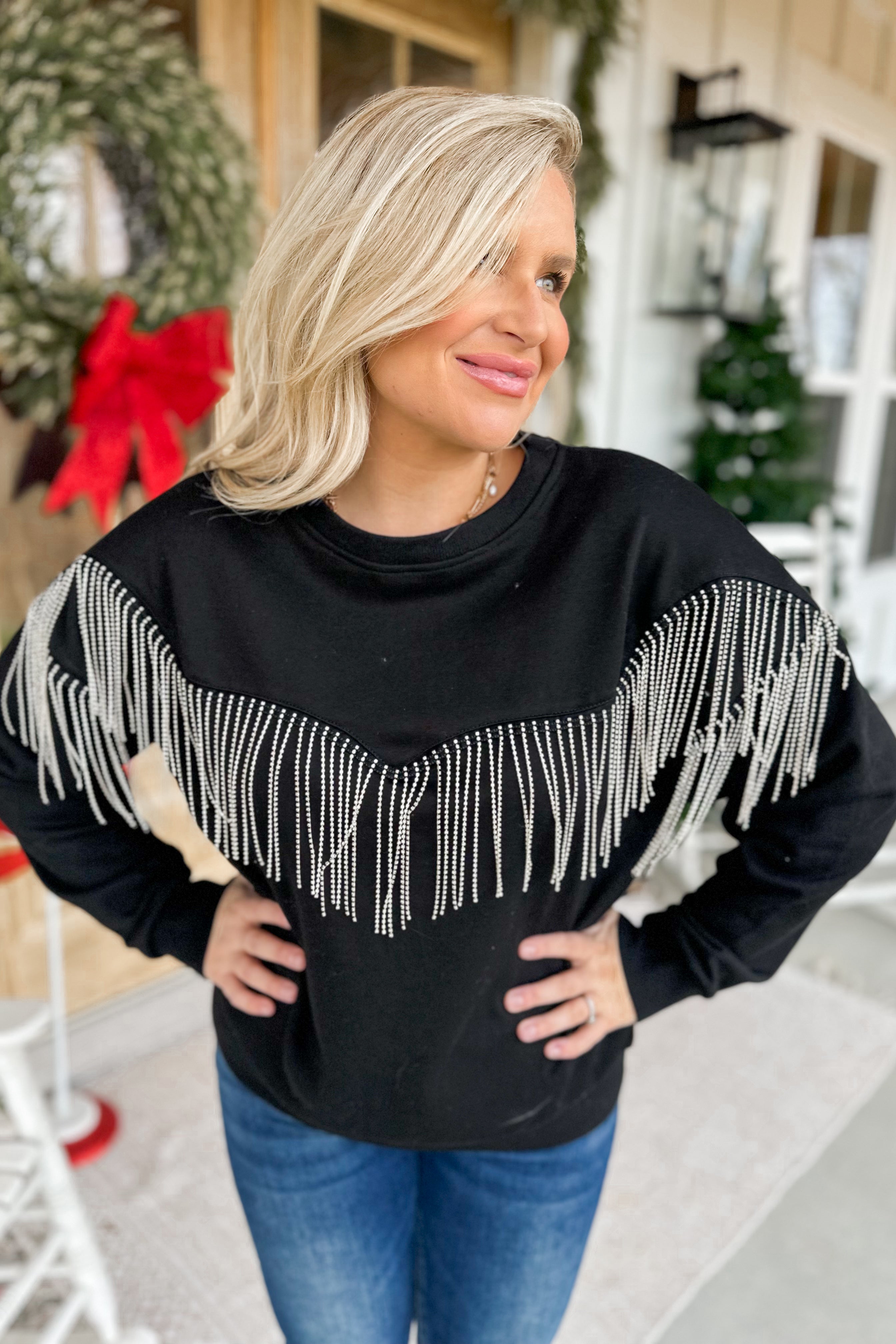 Waylon French Terry Oversized Rhinestone Fringe Pullover Top *FINAL SALE*