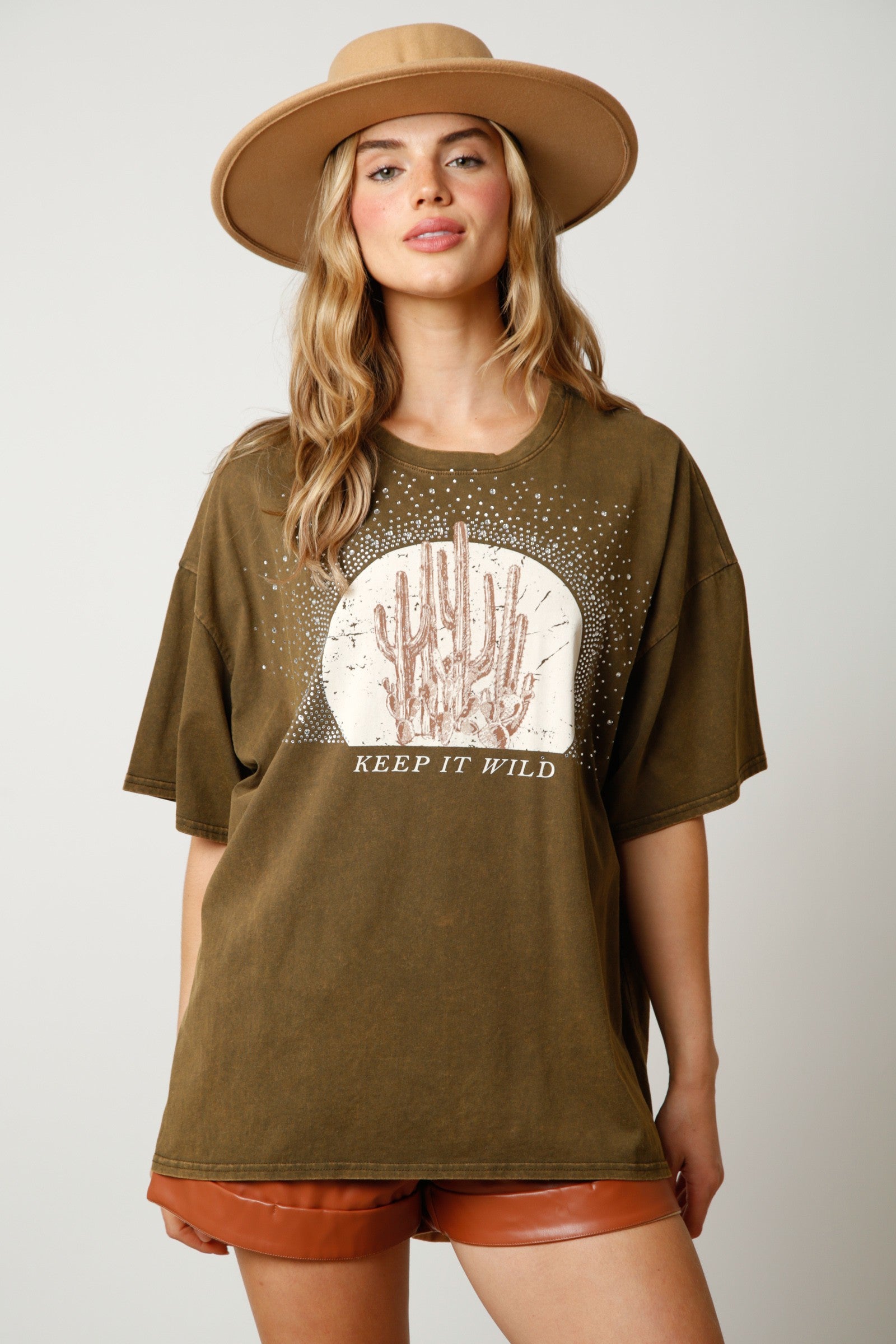 Keep It Wild Acid Washed Cotton T Shirt Cactus Top Tee - Be You Boutique