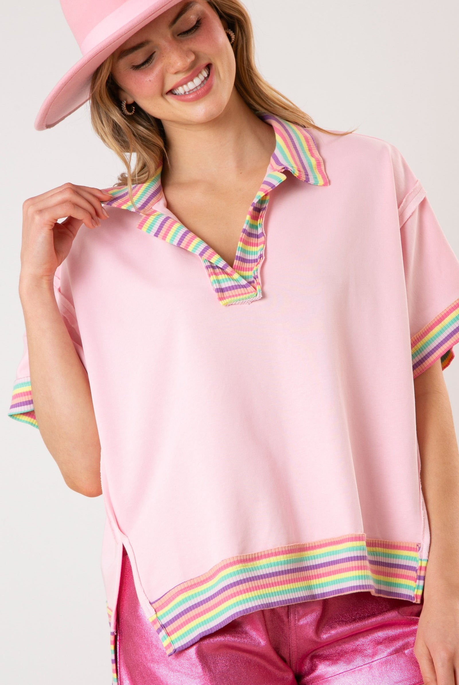 Pinky French Terry Collared Short Sleeve Top - Be You Boutique