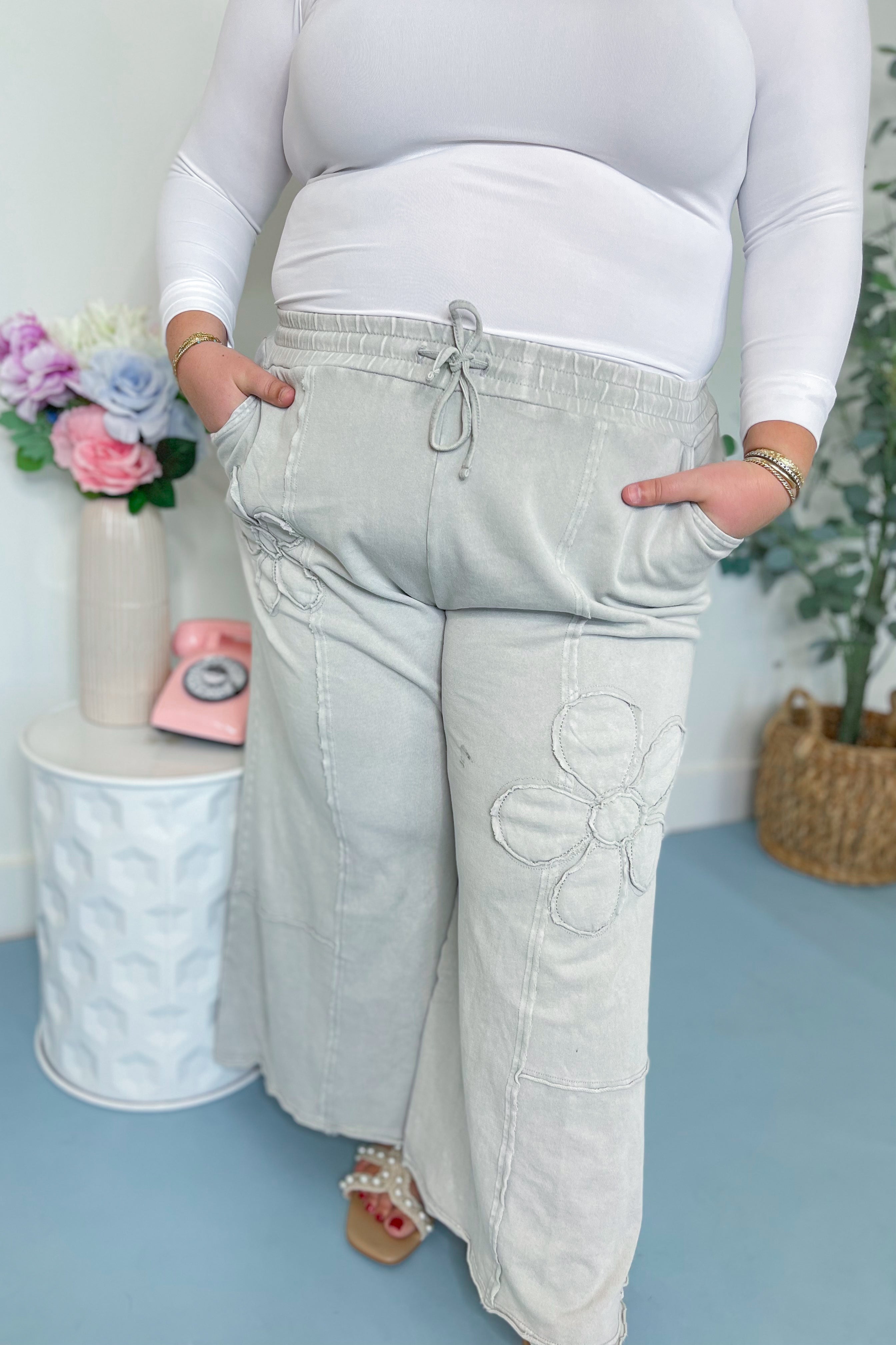 Laura Floral Detail Mineral Washed Terry Knit Wide Leg Pants - Be You Boutique