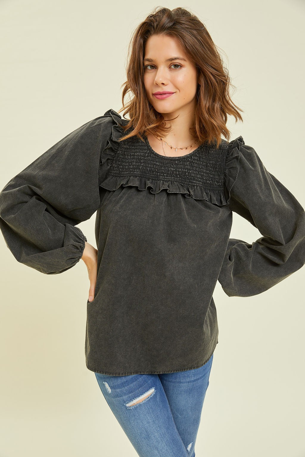 Sam Mineral Washed Round Neck Smocked Neck Blouse - Be You Boutique