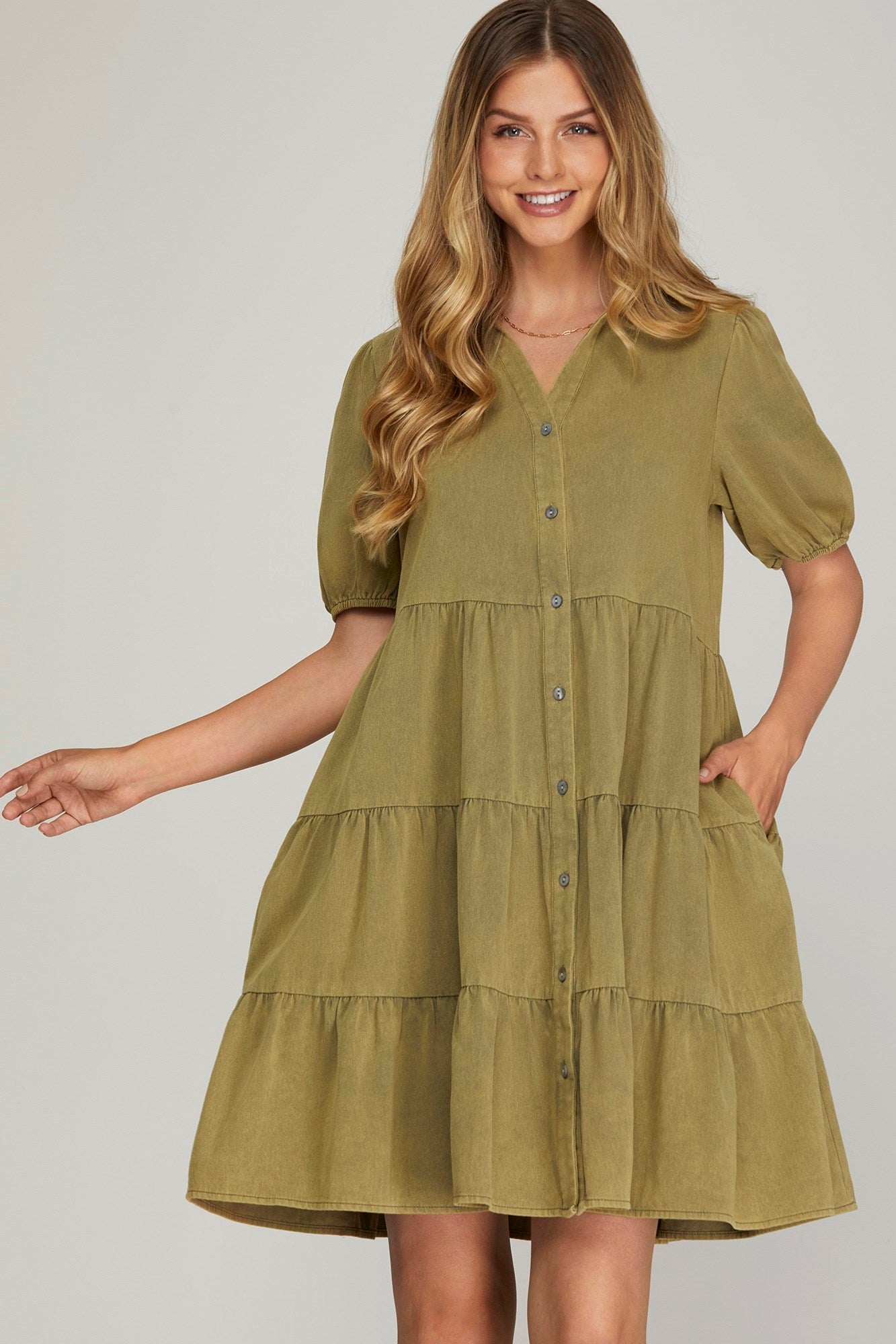 Amanda Half Sleeve Button down Tiered Washed Dress - Be You Boutique