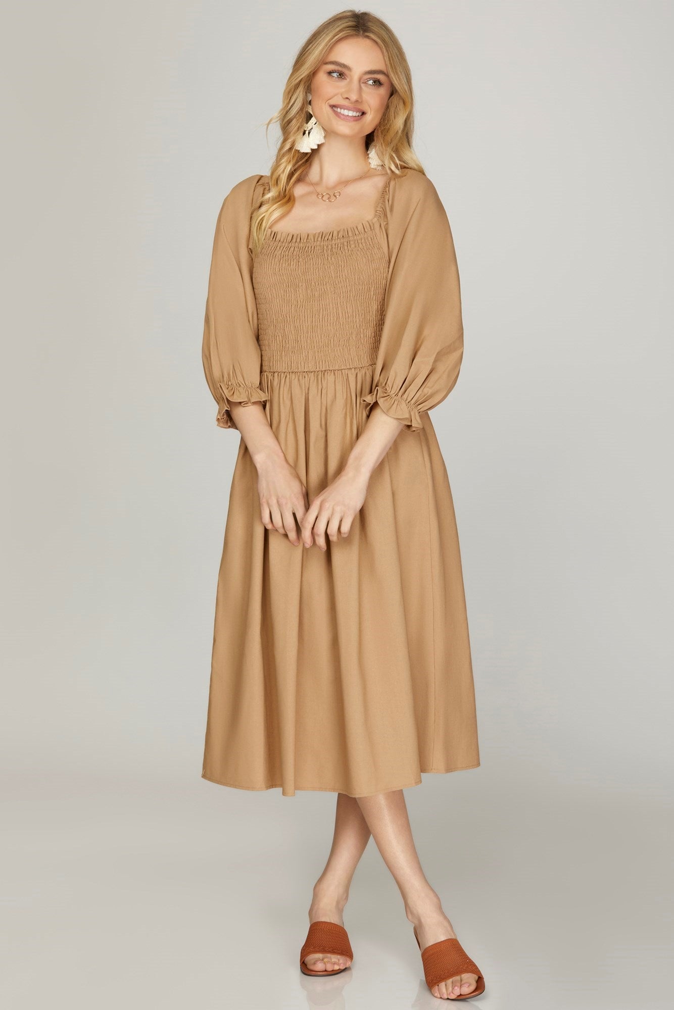 Peter 3/4 Puff Sleeve Smocked Midi Dress - Be You Boutique