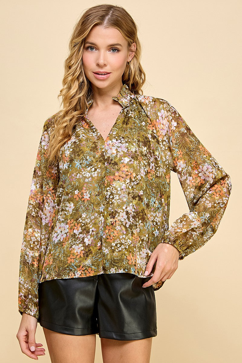 Peggy Floral Long Sleeve Mock Neck Blouse Top - Be You Boutique