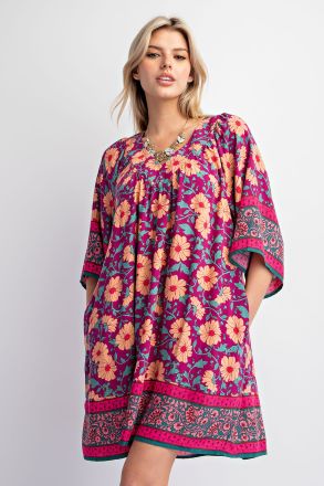 Erin 3/4 Sleeve Border Print Challis V Neck Dress - Be You Boutique