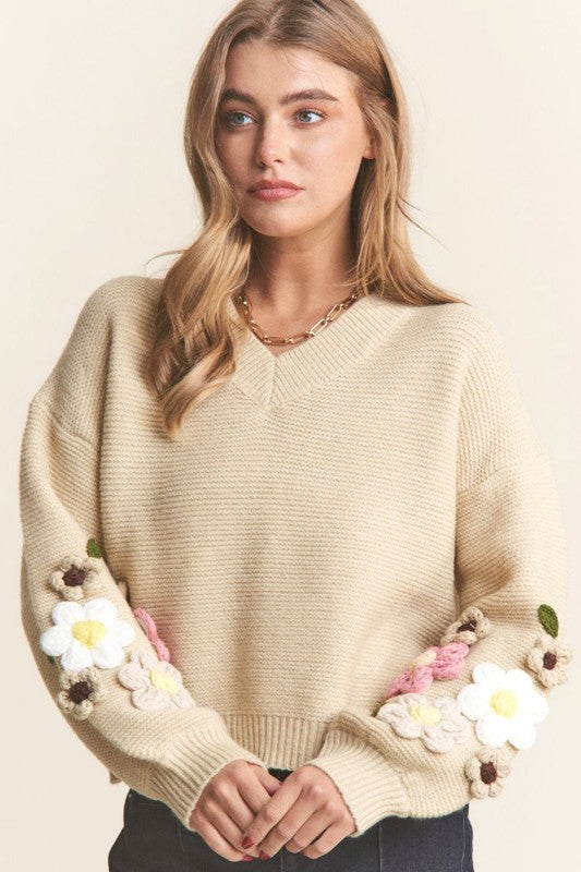 Penelope V Neck Crochet Sleeve Sweater - Be You Boutique