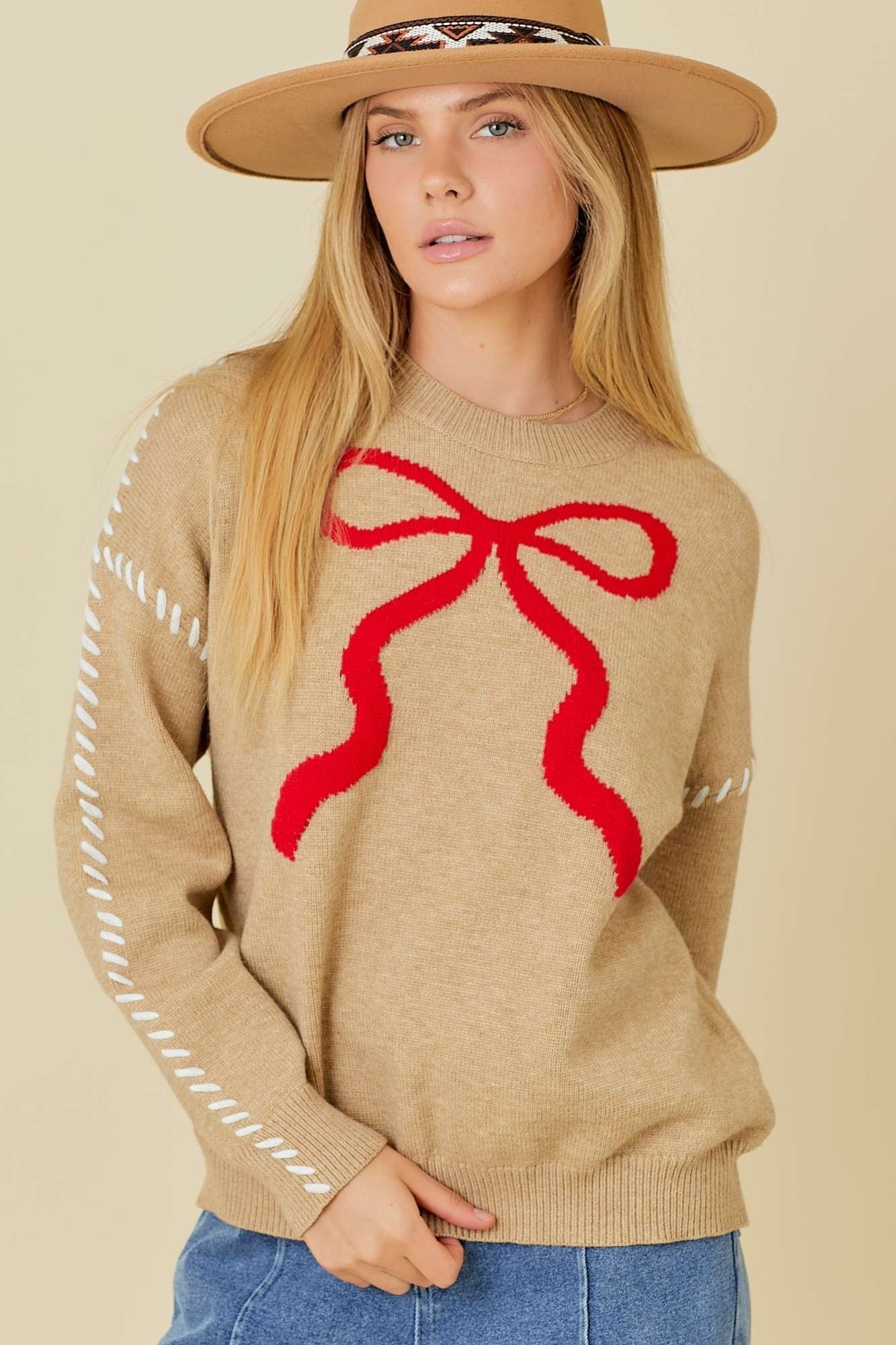 Sweet Bow Long Sleeve Sweater Top with Ribbon Stitch Detail - Be You Boutique