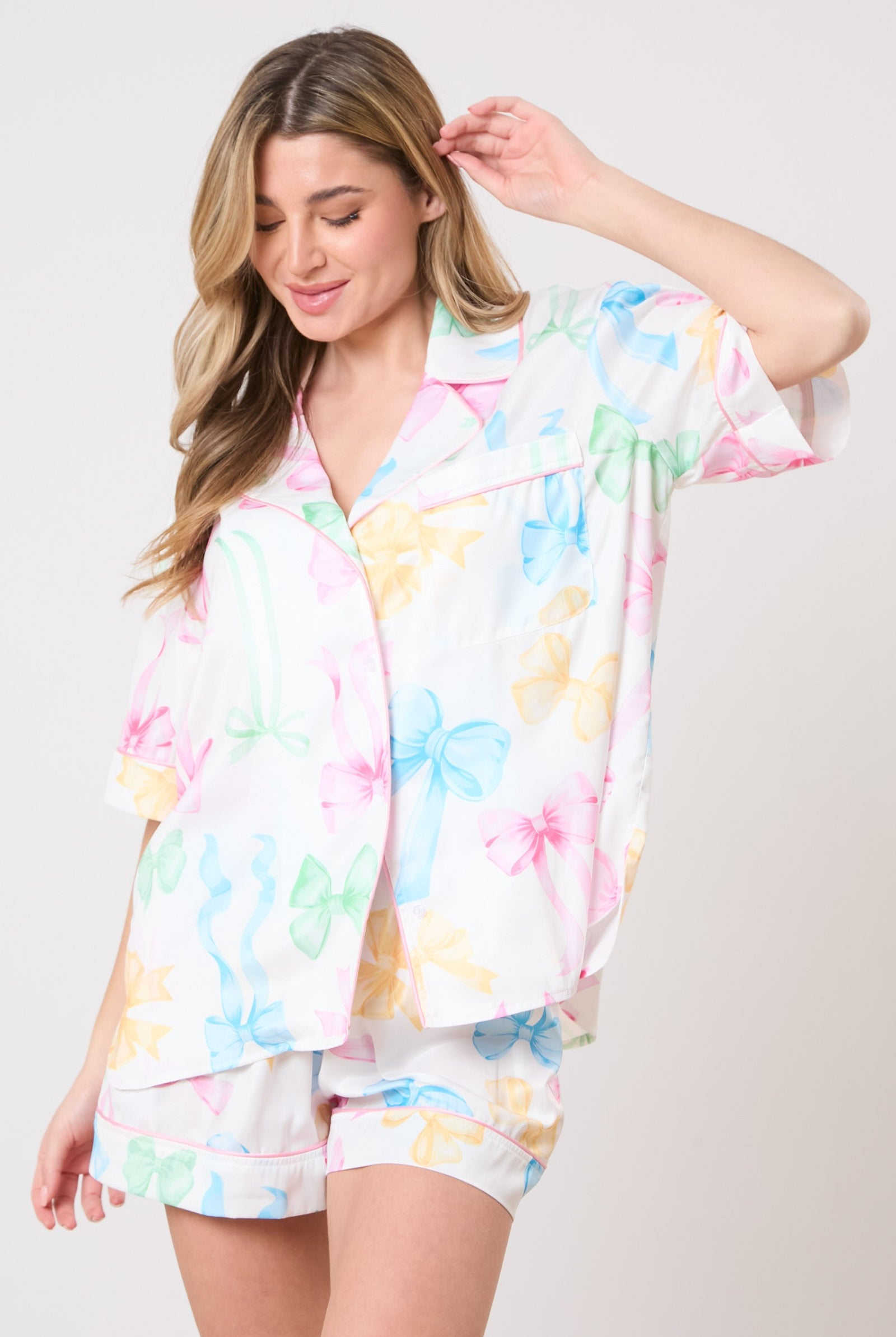 Sweet Ribbon Print Satin Multi Color Pajama Top and Bottom Set - Be You Boutique