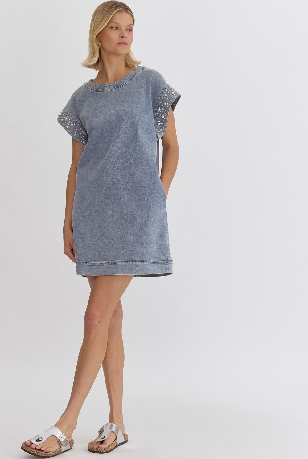 Penny Round Neck Pearl Embellished Denim Dress - Be You Boutique