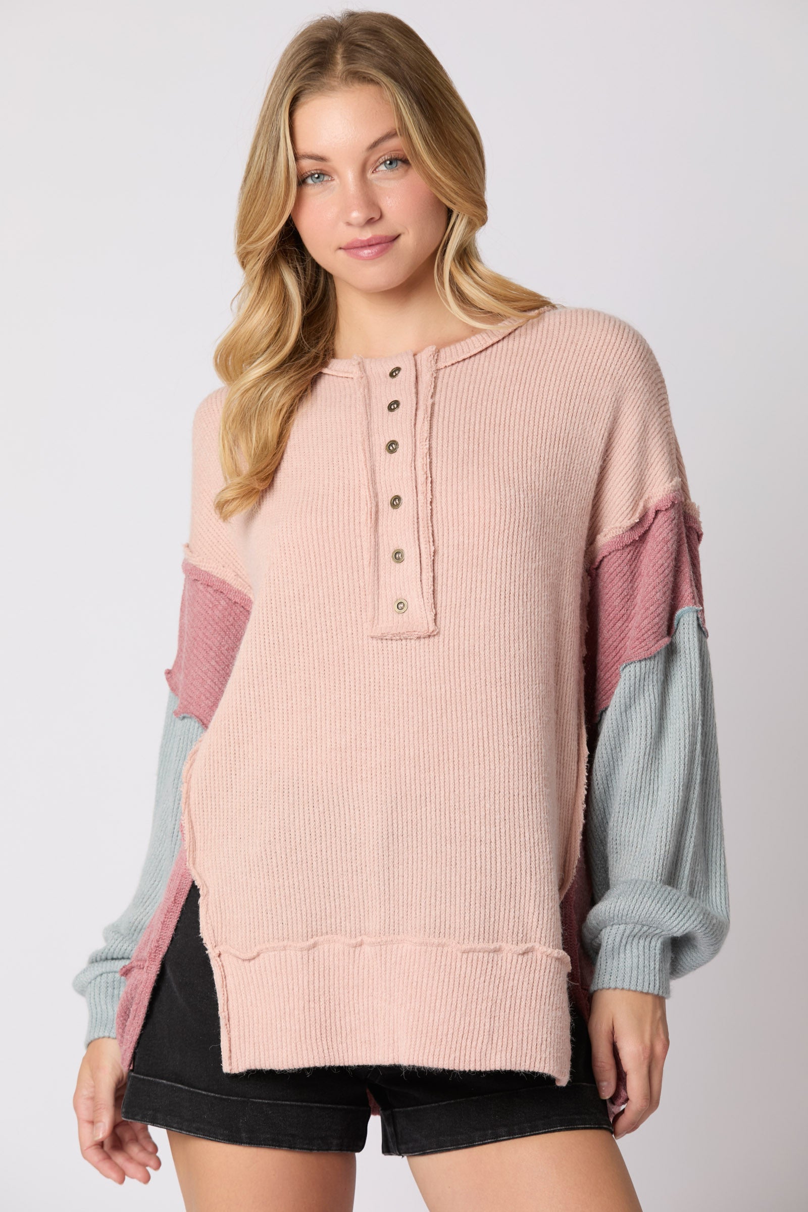 Harry Rib Color Block Henley Neck Oversized Top - Be You Boutique