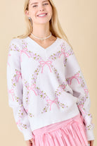 Cierra V Neck Floral Coquette Ribbon Print Sweater - Be You Boutique