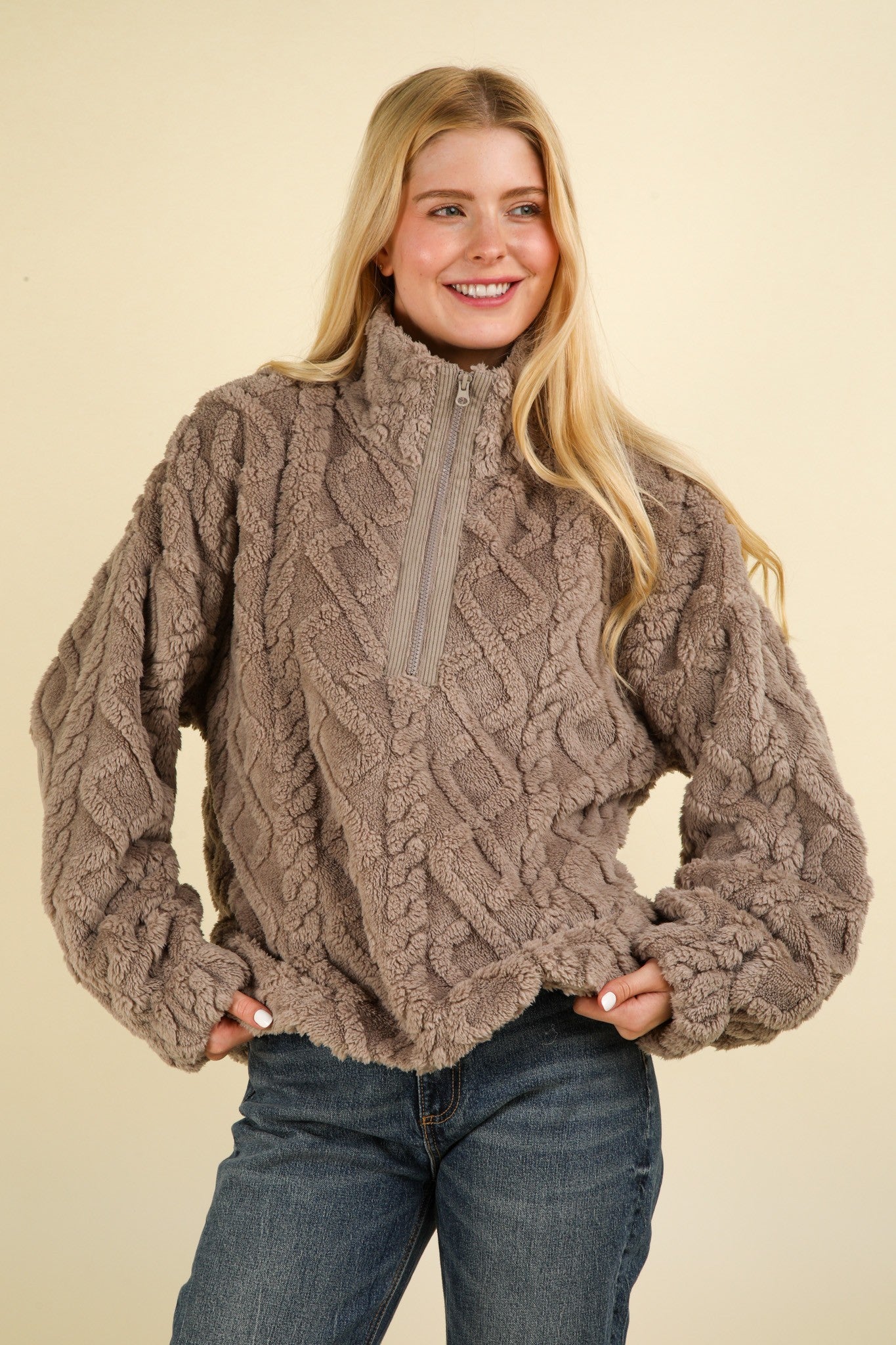 Carrie Fuzzy Fleece Cozy Cable Half Zip Top (3 colors) [S~3X] - Be You Boutique