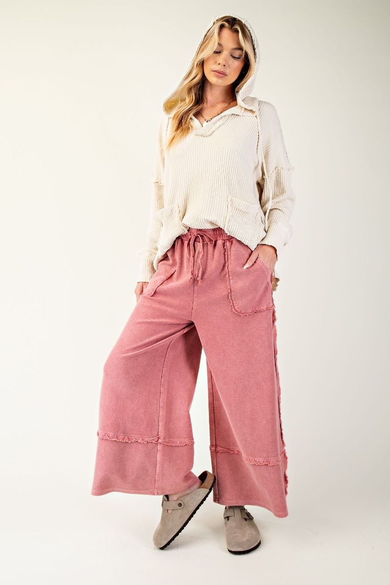 Caris Mineral Washed Upside Down Terry Knit Wide Leg Palazzo Pants - Be You Boutique