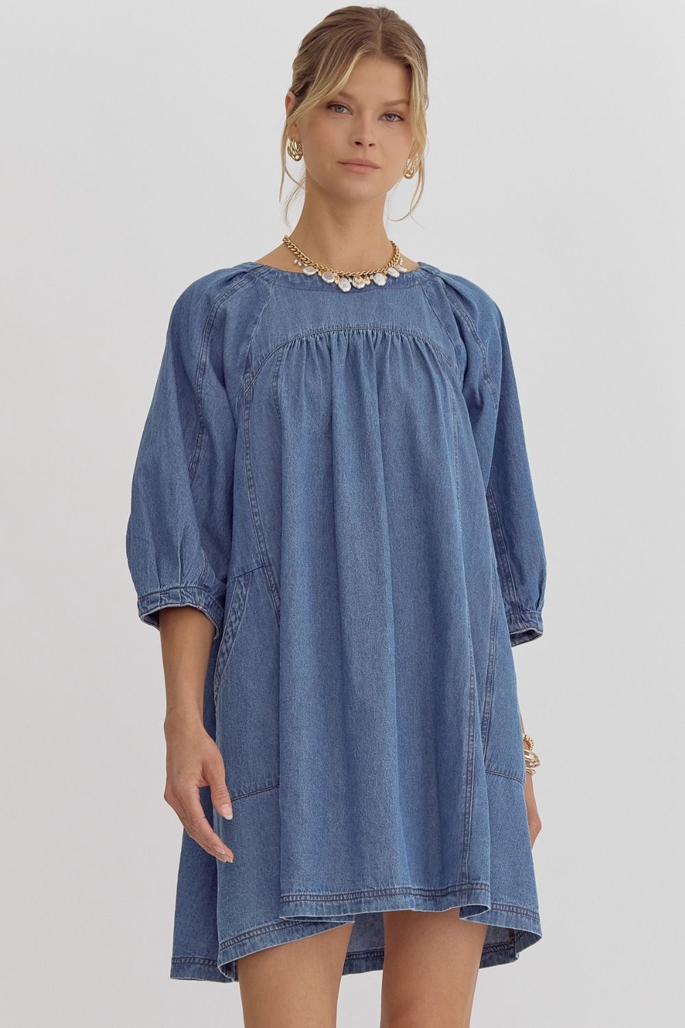 Barney Denim Round Neck 3/4 Sleeve Dress - Be You Boutique