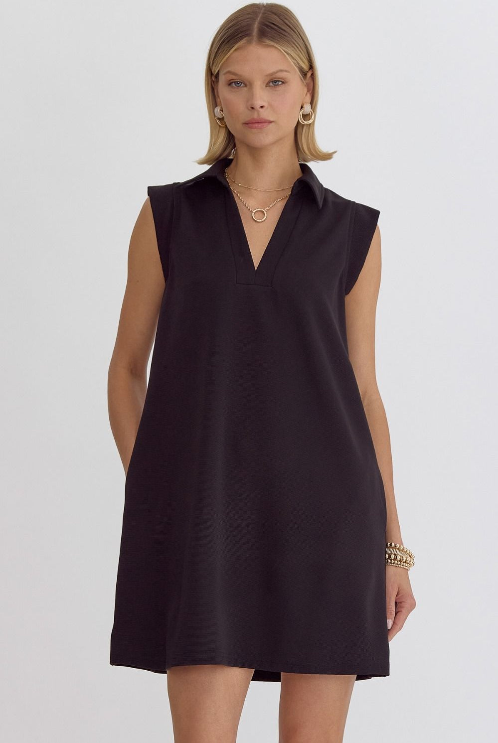 Michelle Textured V Neck Collared Sleeveless Dress - Be You Boutique