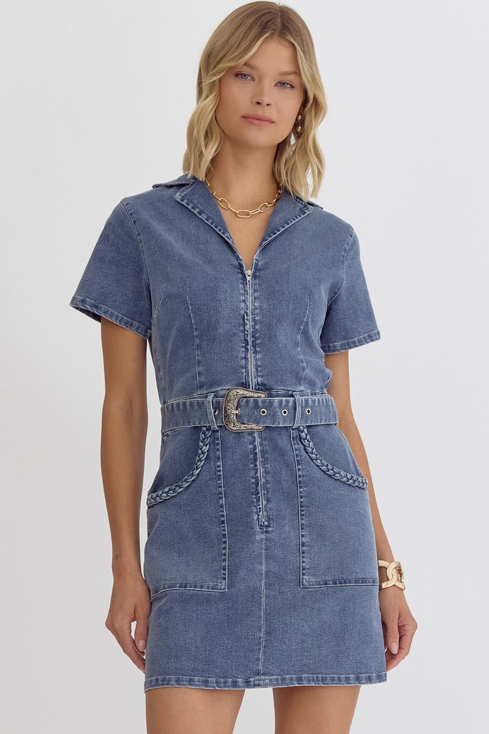 Lucille Denim V Neck Short Sleeve Collared Dress - Be You Boutique