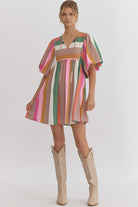 Michael Multicolor Striped Bubble Sleeve Babydoll Dress - Be You Boutique