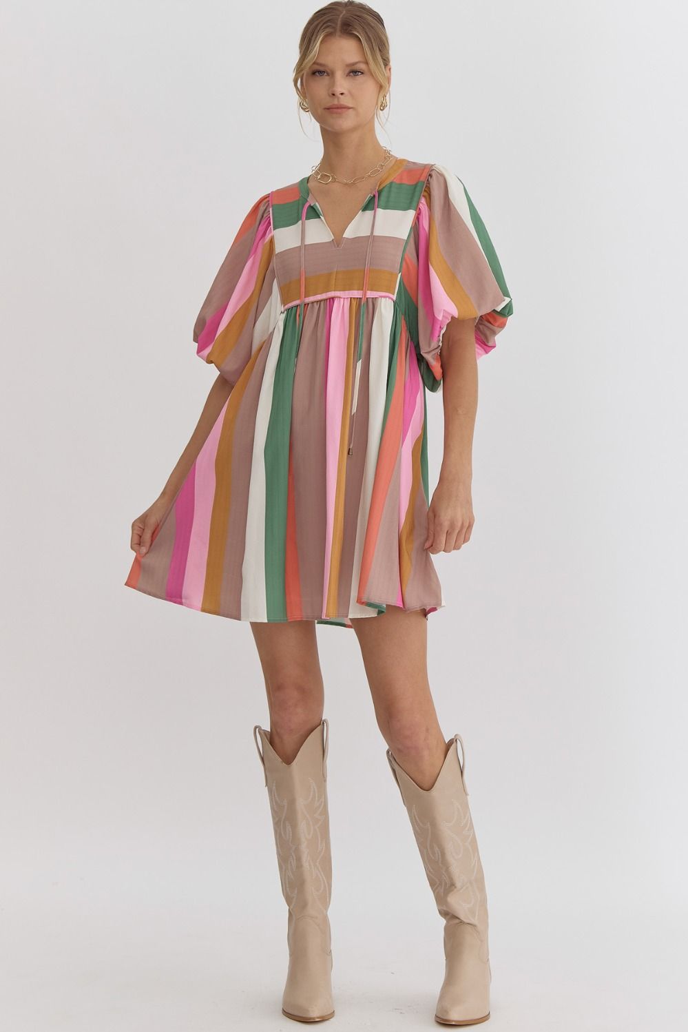 Michael Multicolor Striped Bubble Sleeve Babydoll Dress - Be You Boutique