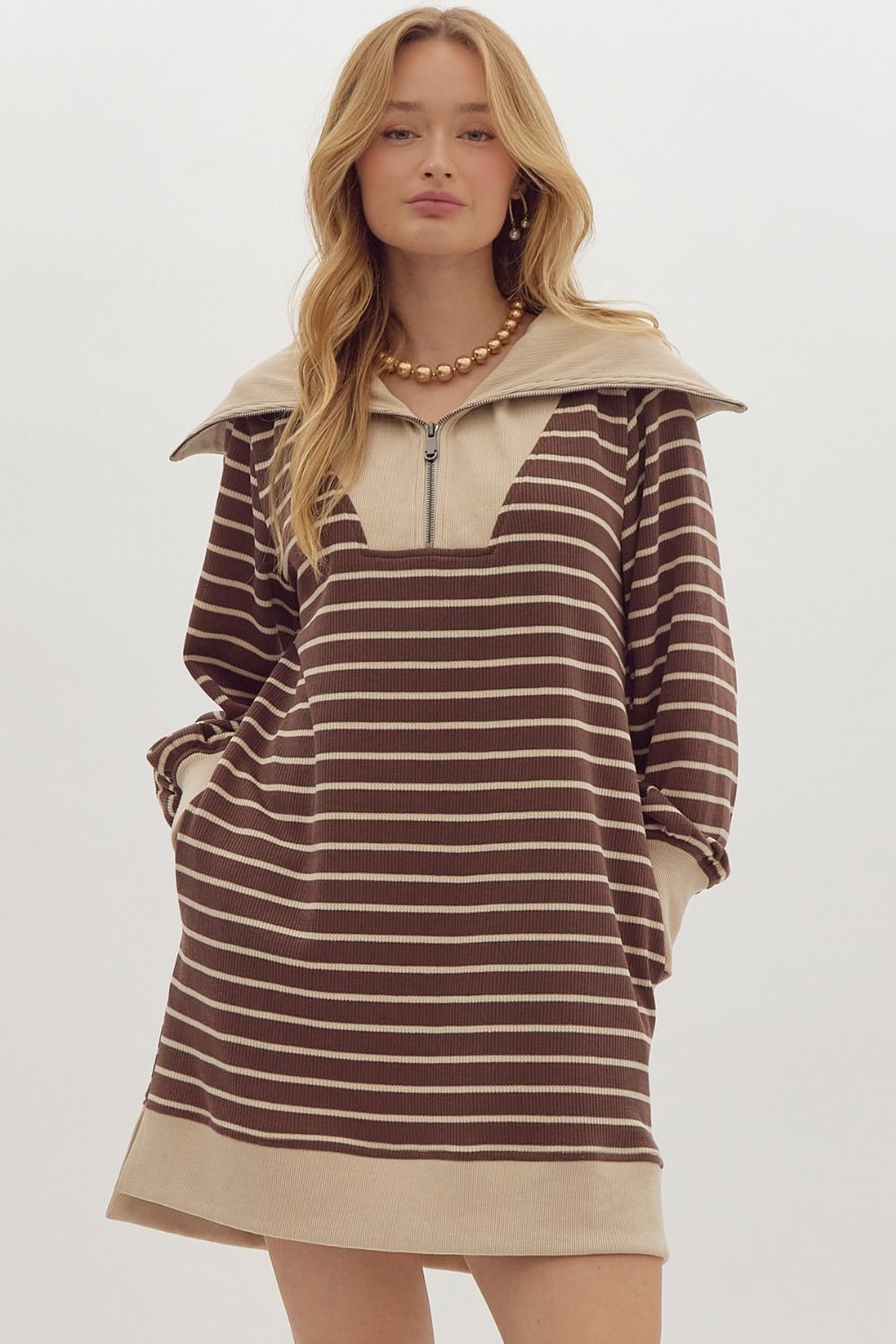 Kelly Stripe Zip Up Long Sleeve Dress - Be You Boutique