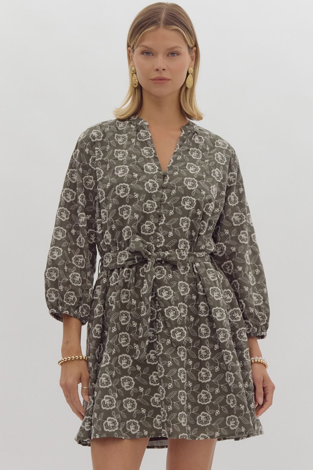 Maggie Printed 3/4 Sleeve V Neck Button Up Dress - Be You Boutique