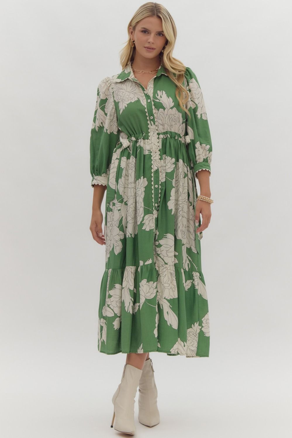 SPRING2025 Lizzie Floral Print Button Up Midi Dress - Be You Boutique