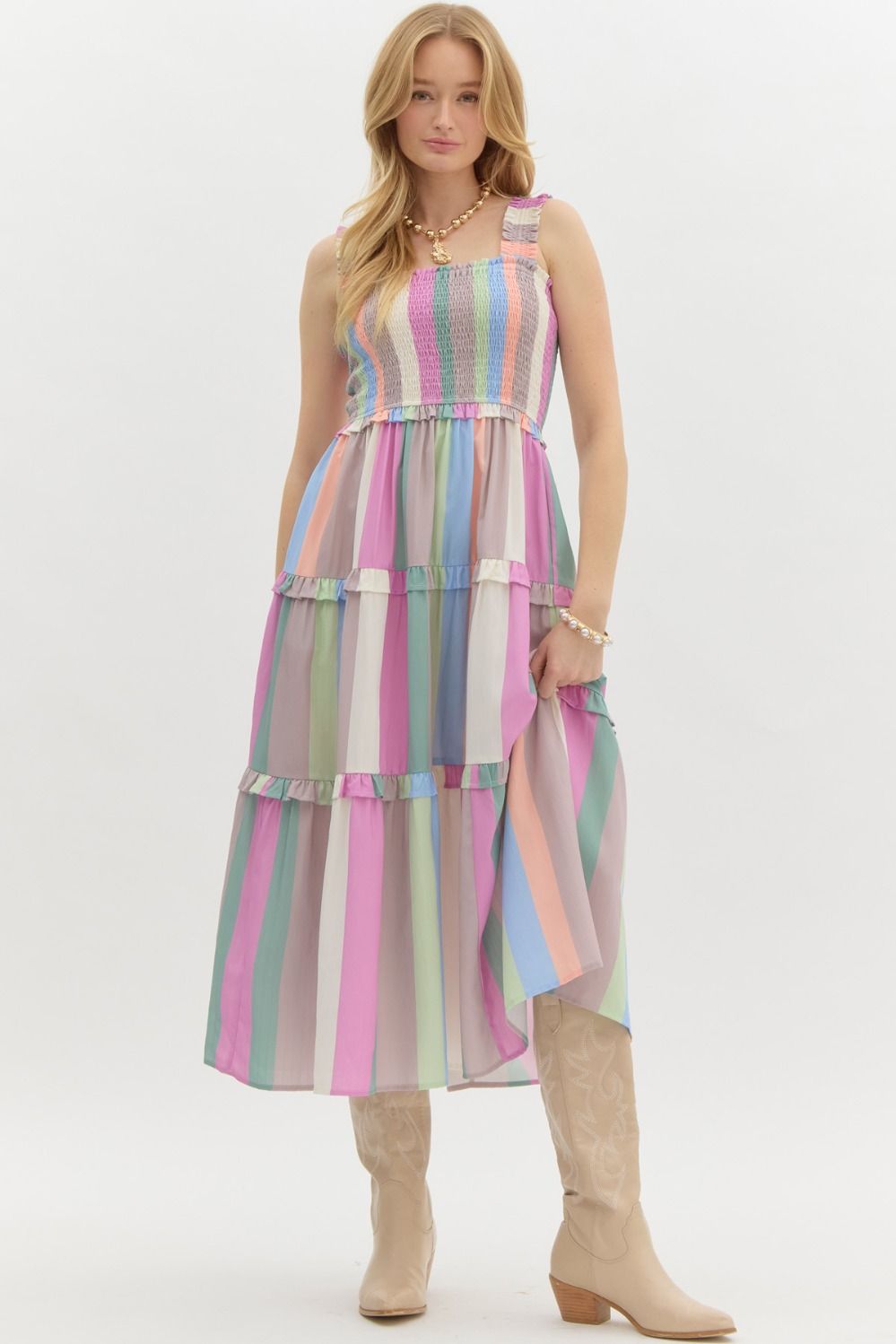 Shelly Striped Smocked Midi Dress - Be You Boutique