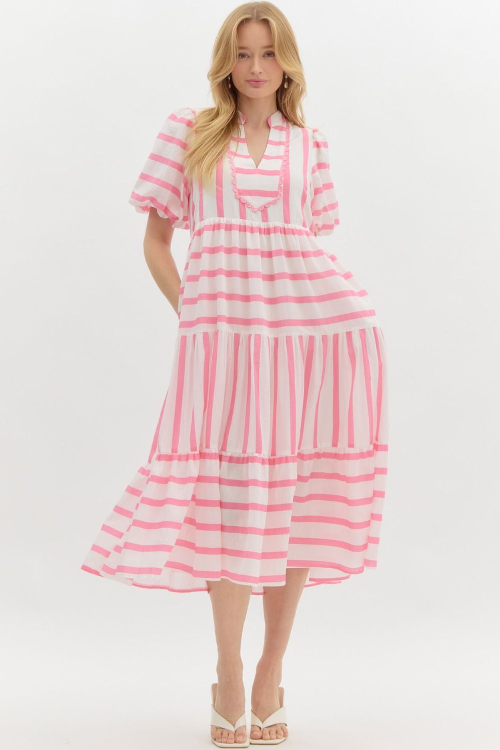 Ashley Striped Bubble Sleeve Midi Dress - Be You Boutique