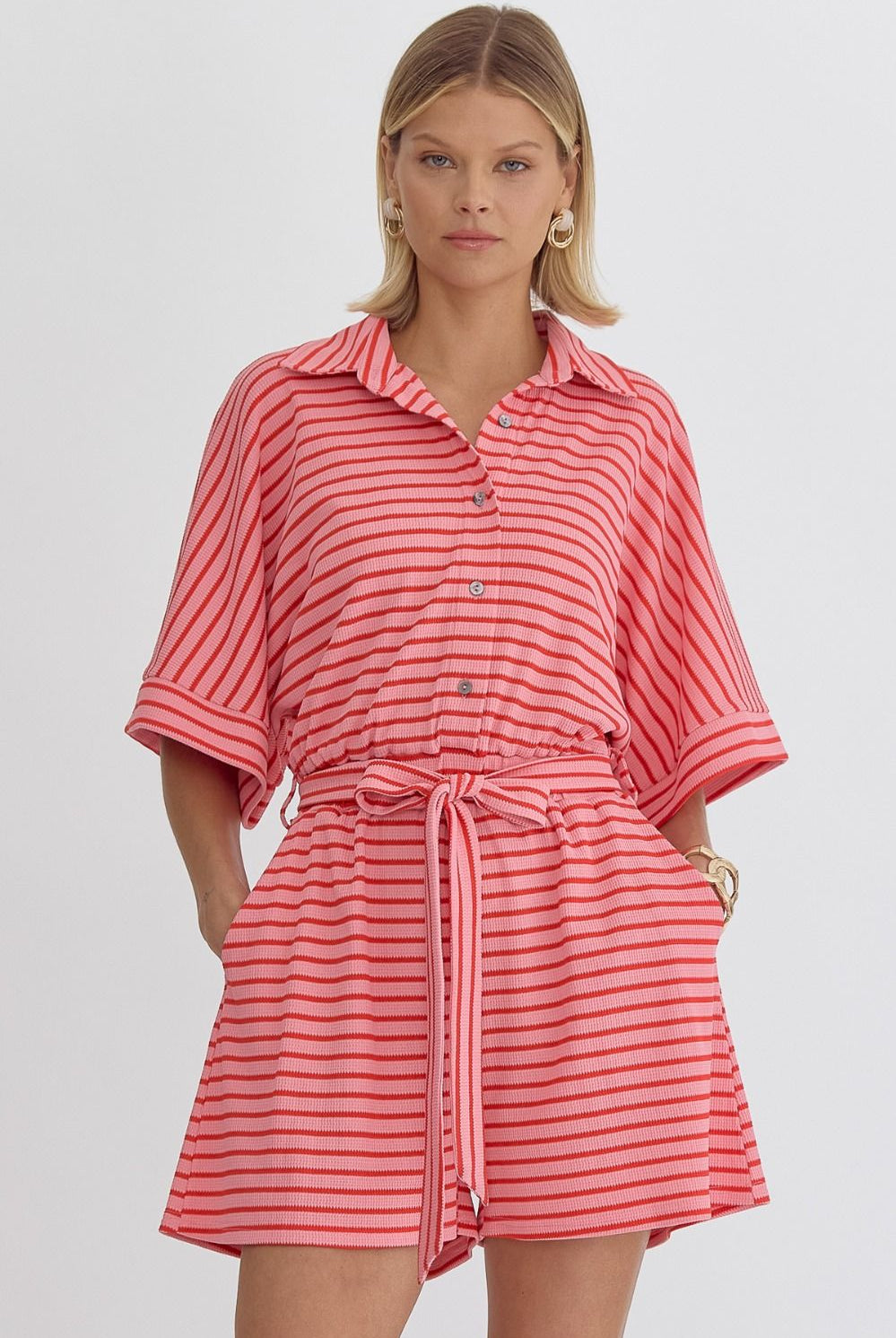 Adalin Textured Stripe Button Down Collared Romper - Be You Boutique