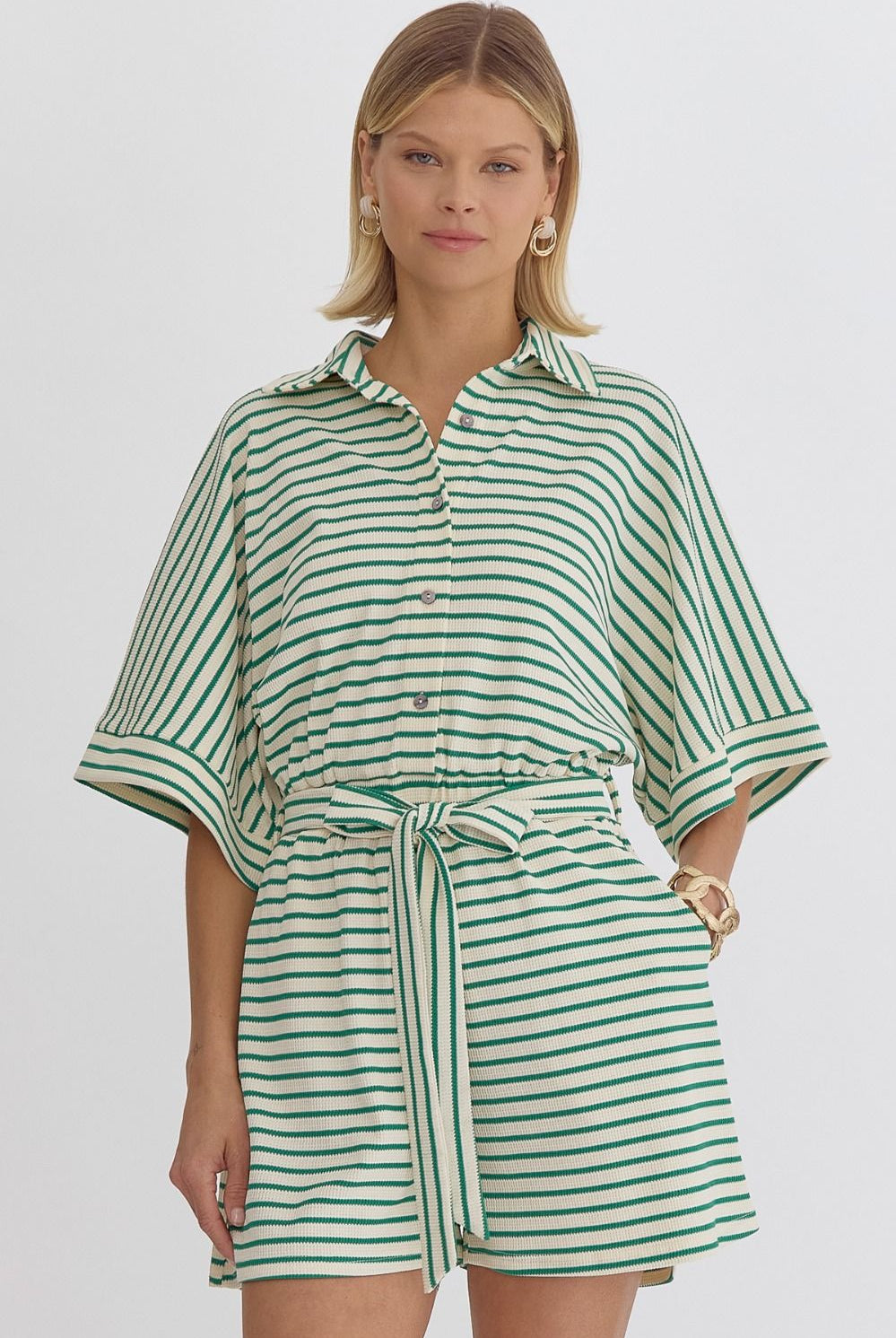 Adalin Textured Stripe Button Down Collared Romper - Be You Boutique
