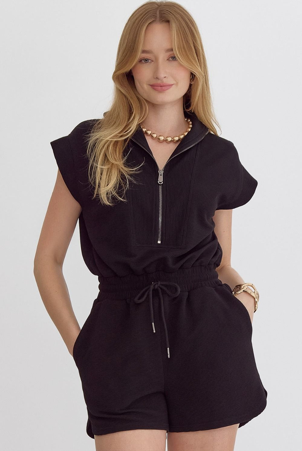 Slavey Textured Collared Short Sleeve Romper - Be You Boutique
