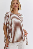 Nancy Stripe Print Round Neck Hi Lo Short Sleeve Top - Be You Boutique