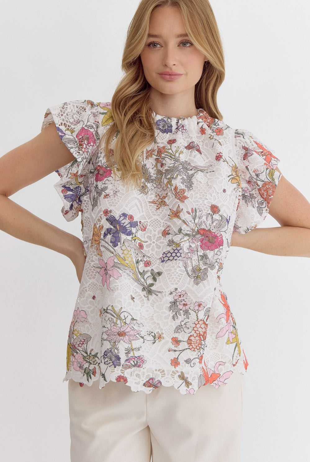 Kendall Lace Floral High Neck Ruffle Sleeve Top - Be You Boutique