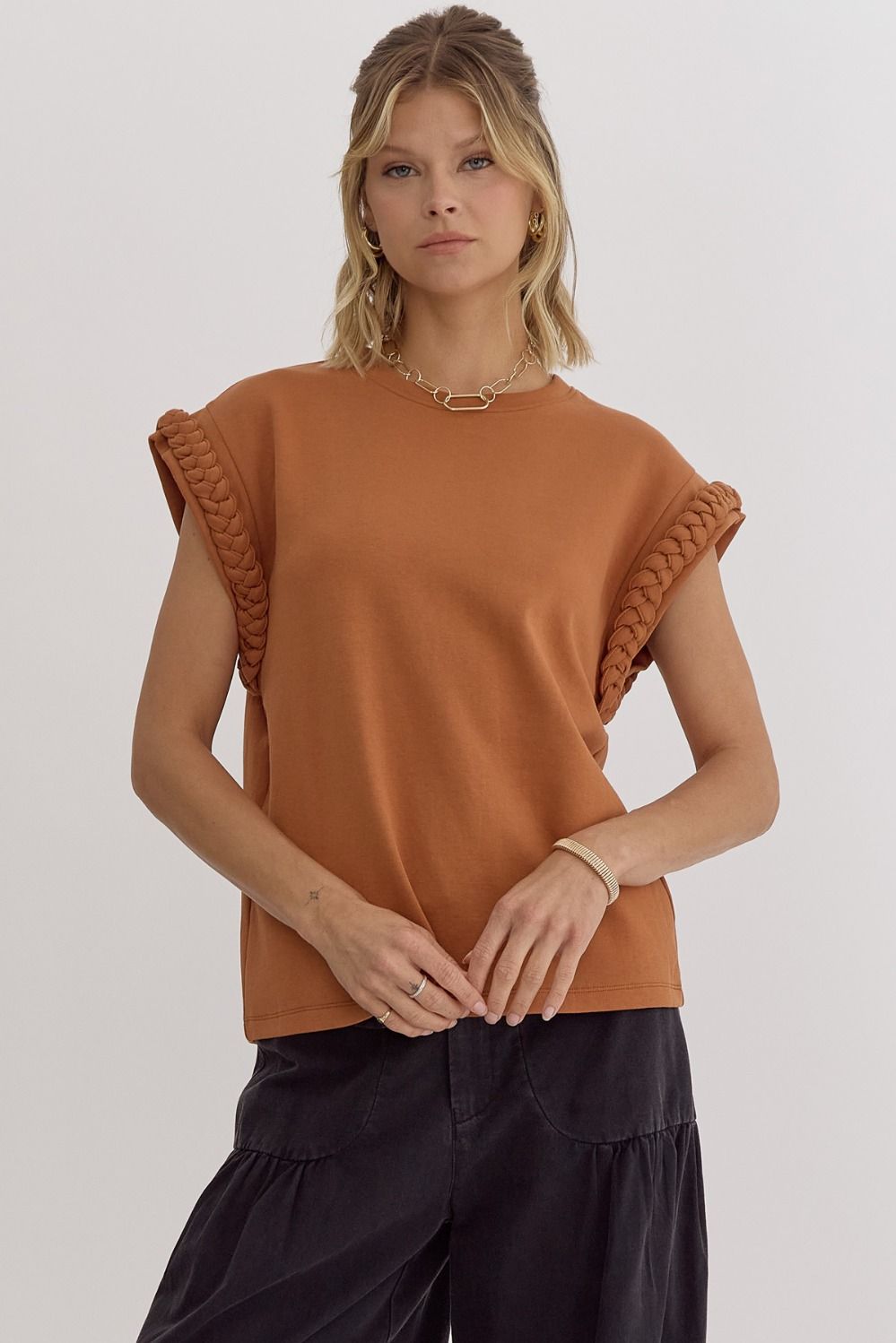 Jimmy Round Neck Cap Sleeve Braided Detail Top - Be You Boutique