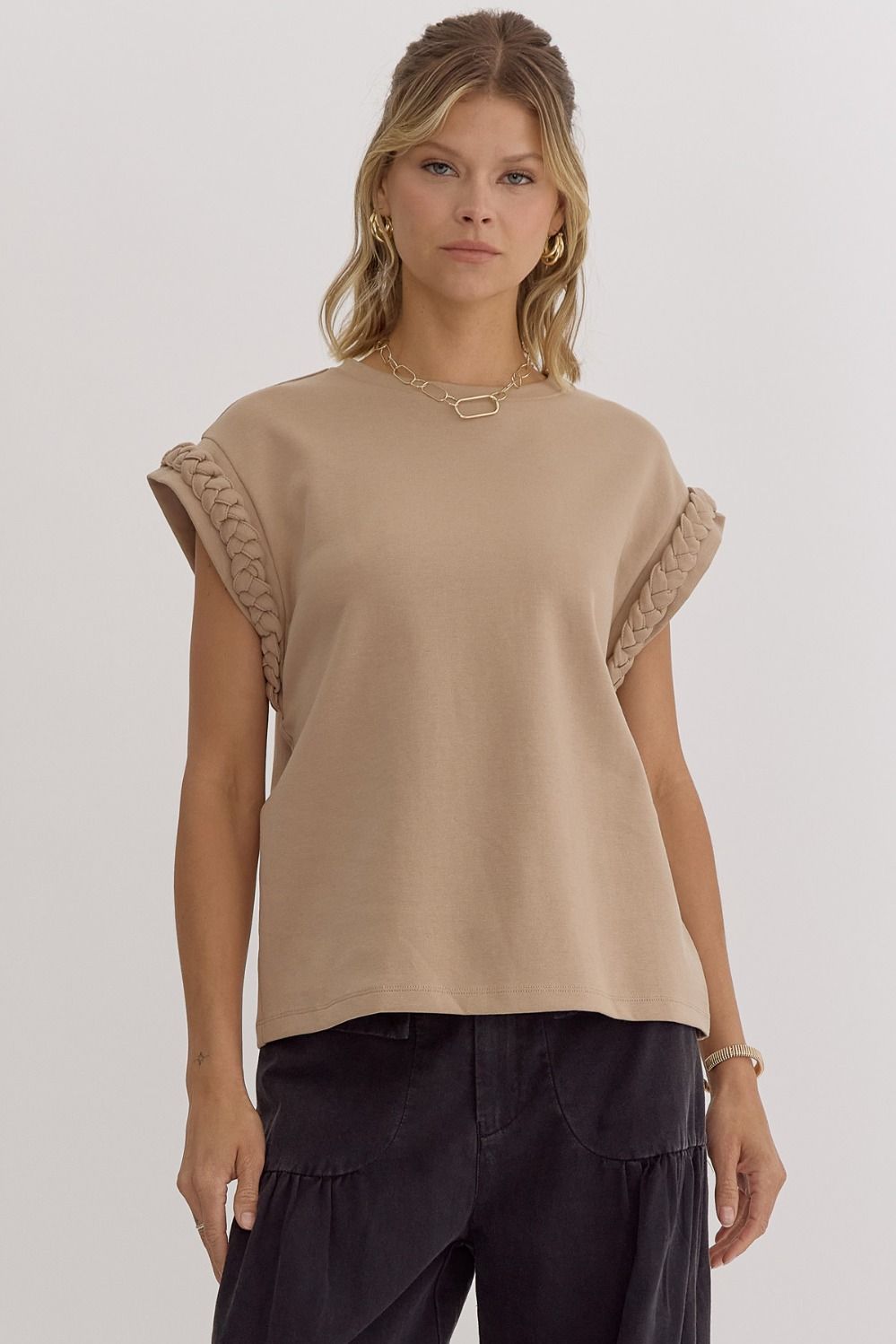 Jimmy Round Neck Cap Sleeve Braided Detail Top - Be You Boutique