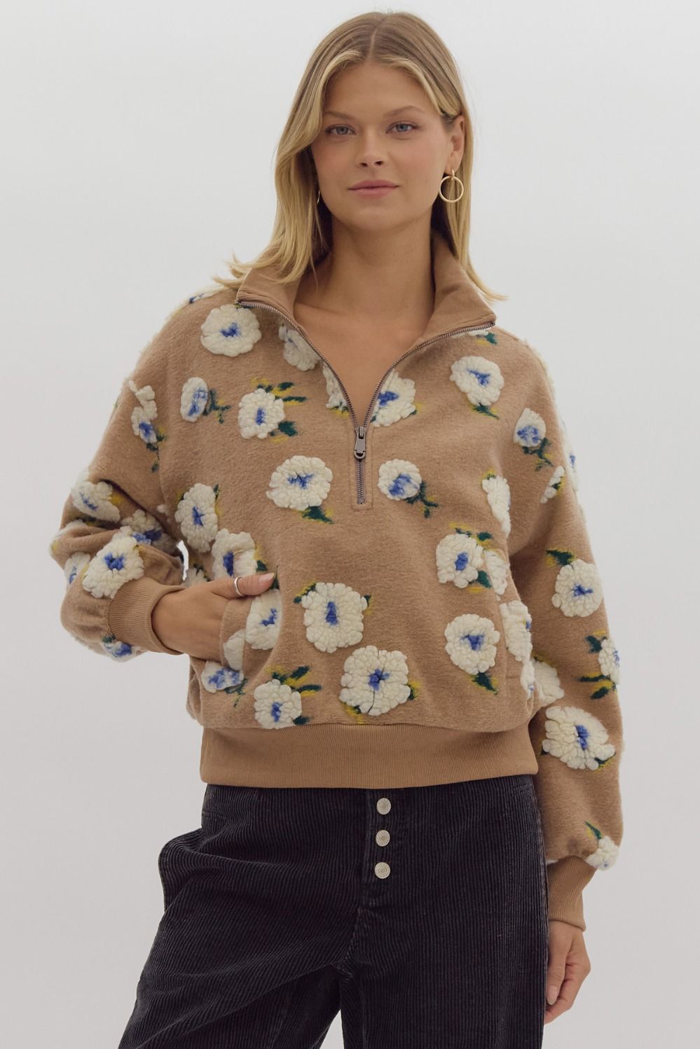 Renae Floral Print Half Zip Long Sleeve Sweater Top - Be You Boutique