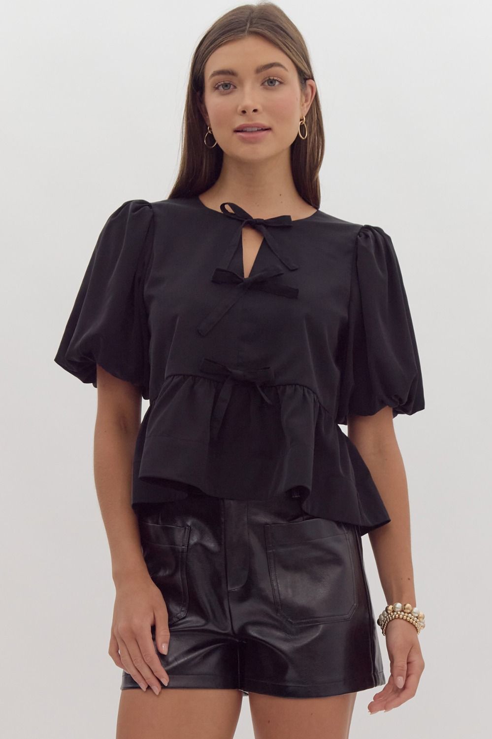 SPRING2025 Charlie Short Puff Sleeve Bow Detail Peplum Top - Be You Boutique