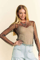 Sparkle and Pearl Embellished Long Sleeve Mesh Top - Be You Boutique