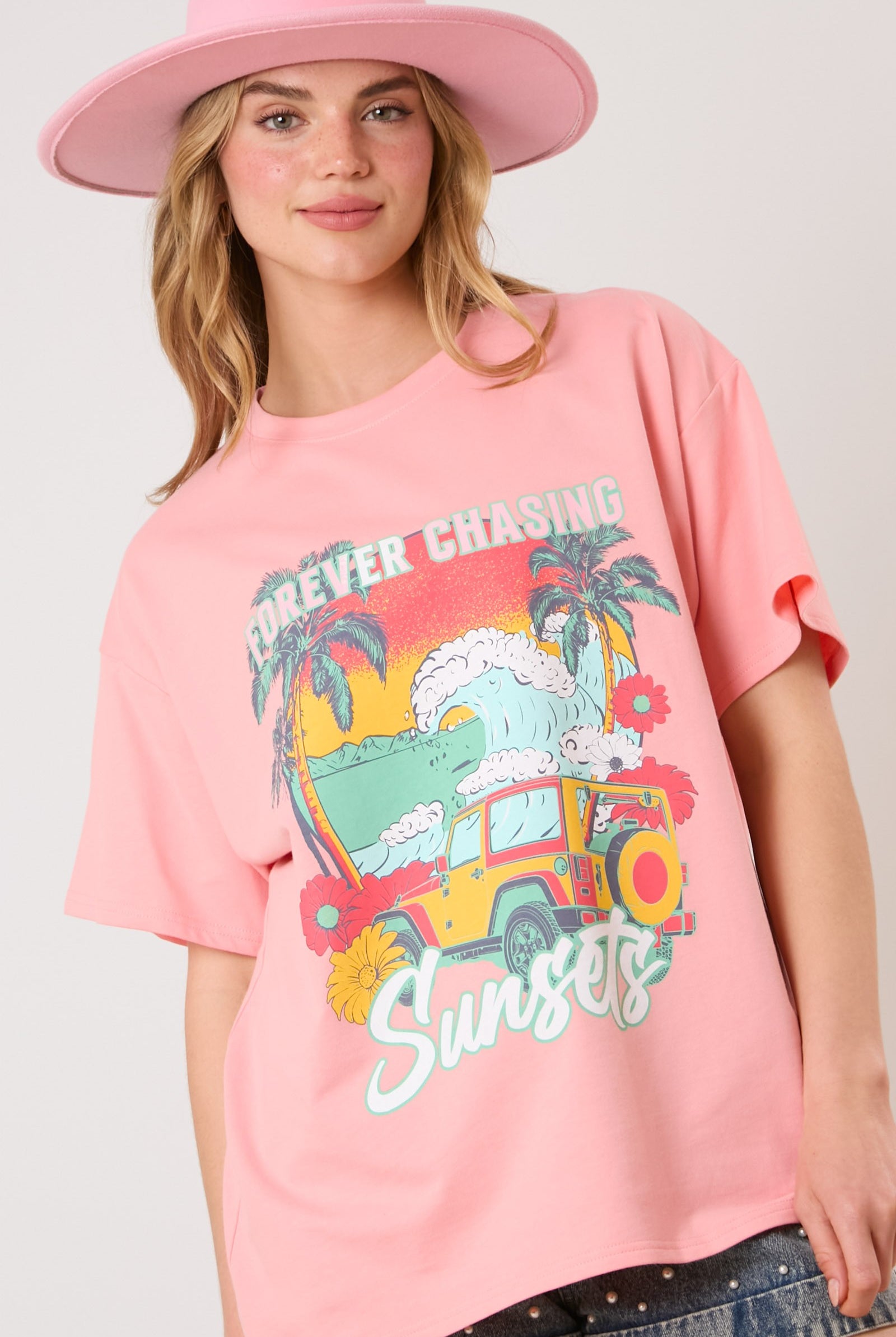 Forever Chasing Sunsets Short Sleeve Rhinestone Detail Graphic Tee Top - Be You Boutique