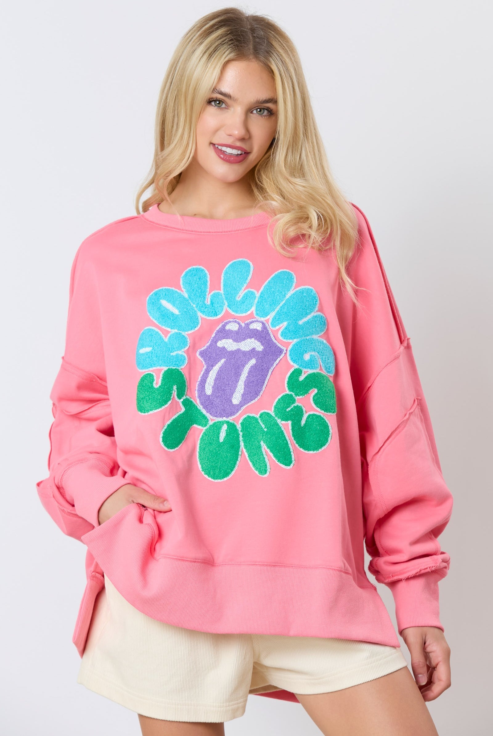 Rolling Stones Embellished Long Sleeve Oversized Sweatshirt - Be You Boutique